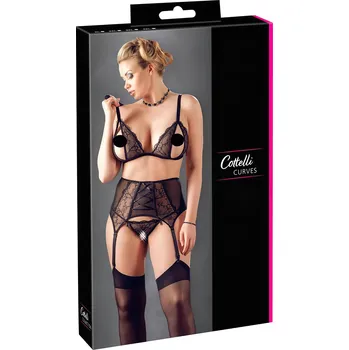Dámská erotická souprava Cottelli Plus - Krajkový trio prádla (černé) - XXL