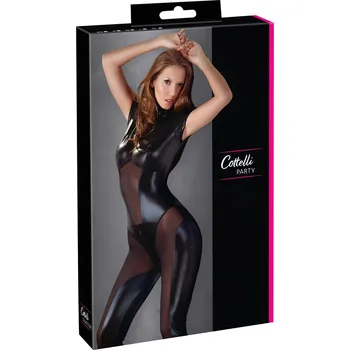 Dámské erotické prádlo Cottelli - Lesklý overal s krátkými rukávy (černý) - S