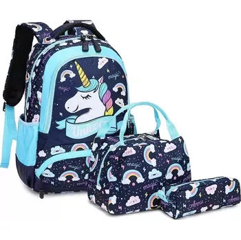 Školní batoh Meiso Dívčí školní batoh 3v1 Unicorn Magic Černo-modrý 16L