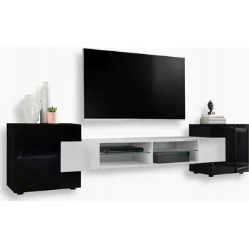 Televizní stolek Komodee Moderní TV stolek Merano s lesklými dvířky a skleněnými policemi