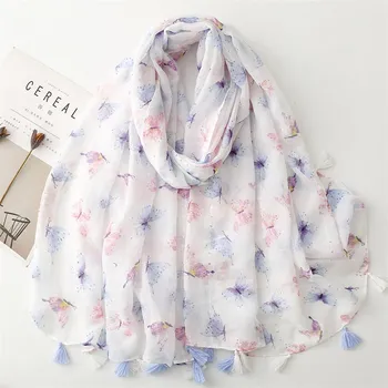 Šála Bavlněný bílý šátek/šála s motýly 90x180 cm, WHITE ORCHID