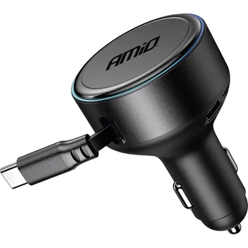 Amio USB nabíječka do auta 60W 12/24V s navíjecím USB-C kabelem a zdířkou USB-C