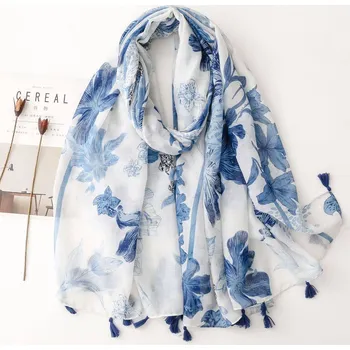 Šála Bavlněný šátek/šála bílý s modrými květy 90x180 cm, WHITE ORCHID