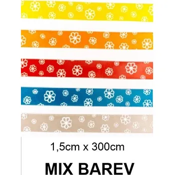 Stuha Atlasová stuha potisk KYTKY, oboulící - 1,5 x 300 cm. MIX BAREV
