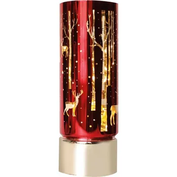 Vánoční dekorace Skleněný svítící válec s časovačem výška 25cm červený se zimní krajinou (na 3 baterie, sou