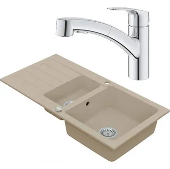 Granitový dřez VIMA Dřezový set Grohe 6/A - Granitový dřez 960x480 mm 1,5-sektoru s odkapávací plochou, písková + Dřezová baterie Grohe Eurosmart