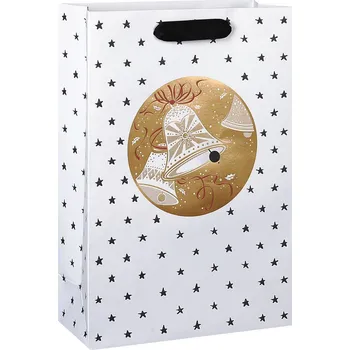 Dárková taška Taška vánoční dárková, bílá, potisk hvězdičky, motiv zvonečky, 22,5 x 33,5 x 10cm
