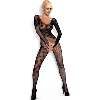 Obsessive F210 - růžový, dlouhý rukáv síťovaný overal - černý (S-L)