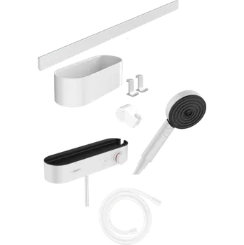 Vodovodní baterie Hansgrohe WallStoris Sada: ruční sprcha 105 3jet Activation EcoSmart, termostat, nástěnná tyč 70 cm a sada pro odkládání, matná bílá 24250700