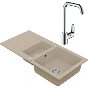 Granitový dřez VIMA Dřezový set Hansgrohe 3/A - Granitový dřez 960x480 mm 1,5-sektoru s odkapávací plochou, písková + Dřezová baterie Hansgrohe Focus