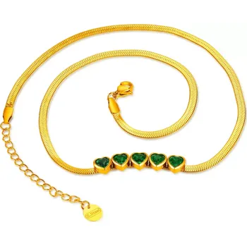 Náhrdelník Dámský nerezový plochý náhrdelník se zelenými srdíčky Zlatý