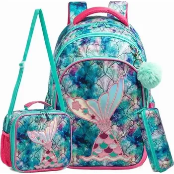 Školní batoh Jasmine Dívčí školní batoh set 3v1 Ploutev HOLO Zelený 24L