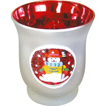 Vánoční dekorace Svícen skleněný, výška 11cm, průměr 9cm, motiv sněhulák, balení 6ks mix barev