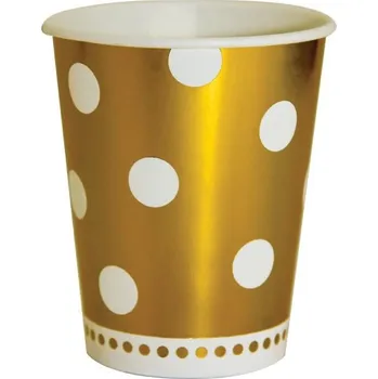 Party dekorace Papírové kelímky zlaté s bílými tečkami, objem 260 ml, sada 6 ks