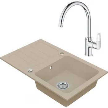 Granitový dřez VIMA Dřezový set Grohe 2/A - Granitový dřez s odkapávací plochou 780x480 mm, písková + Dřezová baterie Grohe Bau Loop