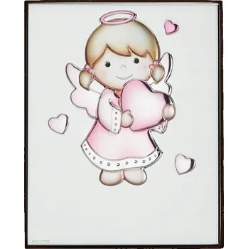 Obraz Stříbrný obrázek na křtiny andílek se srdíčkem, růžový. Rozměr: 6 x 7,5 cm