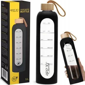 4FIZJO skleněná láhev na vodu, lahev na pití s ryskou na nápoje 1 l, černá barva