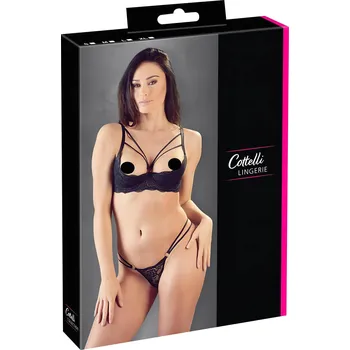Dámská erotická souprava Cottelli - podvazkový zdvihák prsou a tanga (černá) - 80B/M