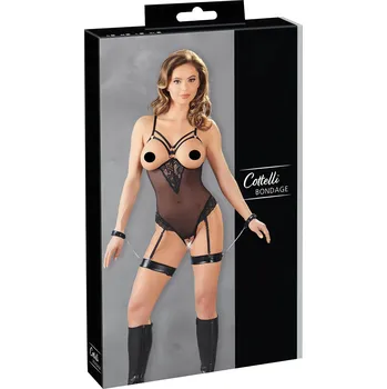 Dámské erotické prádlo Cottelli Bondage - kovové body s kroužky a pouty (černé)