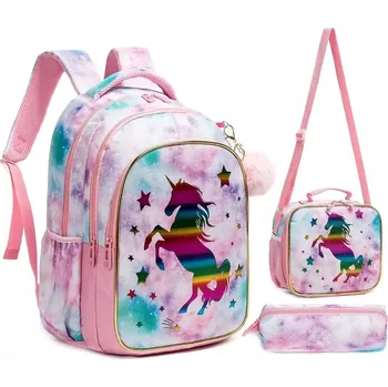 Školní batoh Jasmine Dívčí školní batoh set 3v1 Jednorožec s bambulí 25L