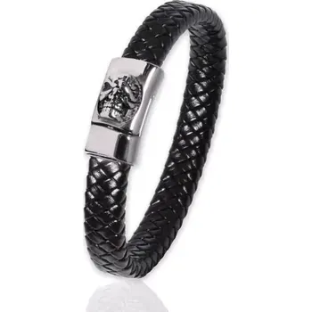 Náramek Pánský splétaný kožený náramek Lebka Černý 22 cm