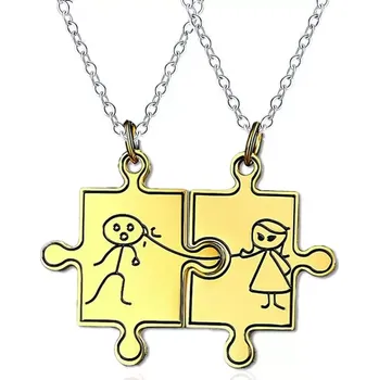 Přívěsek Double přívěšek puzzle panáček a panenka Zlatý - Model BEZ ŘETÍZKŮ (pouze přívěsky)