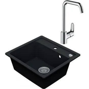 Granitový dřez VIMA Dřezový set Hansgrohe 1/O - Granitový dřez 530x500 mm, tmavý grafit matný + Dřezová baterie Hansgrohe Focus