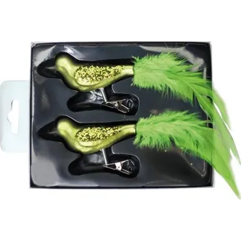 Skleněný ptáček na stromeček zelený, sada 2 ks