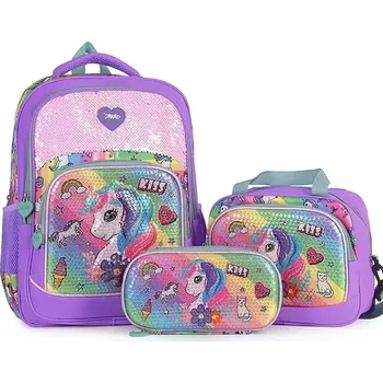 Školní batoh Miko školní batoh set 3v1Neon s 3D jednorožcem - Barva Fialová