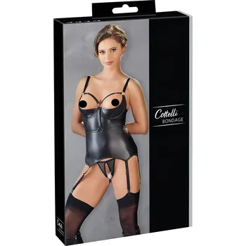 Dámské erotické prádlo Cottelli Bondage - lesklý top s podprsenkou a pouty (černý) - XL
