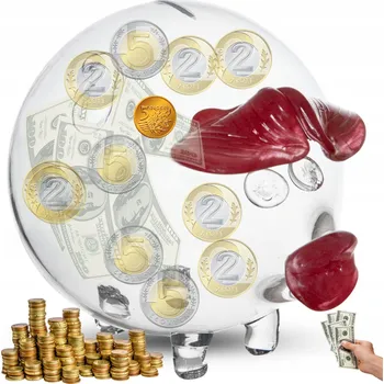 Obraz Skleněné prasátko pokladnička XM ručně vyrobené, čiré s červenými oušky