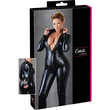 Dámské erotické prádlo Cottelli Plus Size - lesklý párty overal s dlouhými rukávy (černý) - 2XL