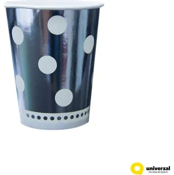 Party dekorace Papírové kelímky stříbrné s bílými tečkami, objem 260 ml, sada 6 ks