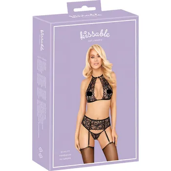 Dámská erotická souprava Polibek - krajkový souprava s límečkem (černá) - L/XL