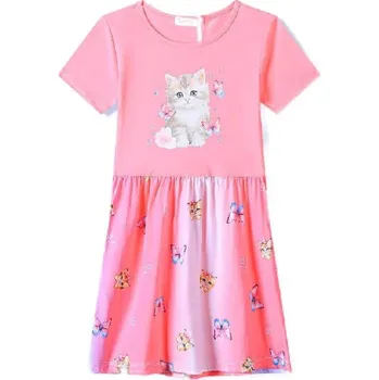 Dívčí šaty BAVLNĚNÉ DÍVČÍ ŠATY S KOČKOU Barva: Světle růžová, Velikost: 122