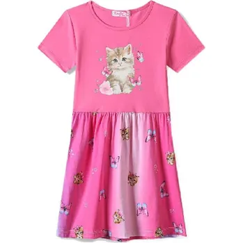 Dívčí šaty BAVLNĚNÉ DÍVČÍ ŠATY S KOČKOU Barva: Tmavě růžová, Velikost: 98