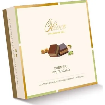 Čokoláda Oliva Cuboghiotti Pistacchio & Cremino – pralinky z mléčné, bílé a oříškové čokolády 240 g