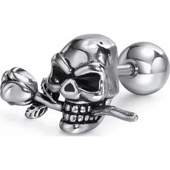 Náušnice Ocelová šroubovací náušnice Lebka s růží Stříbrná - Typ Kus