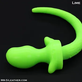 Anální kolík Mr. S Leather Puppy Tail from Oxballs Lime, silikonový anální kolík – psí ocas 9,8 x 3,2–5,4 cm