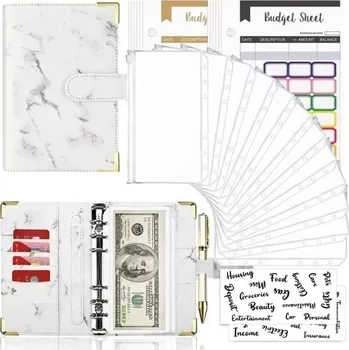 Diář Pořadač s kroužky a 12 fóliemi - listy - nálepky A6 Mramor bílý