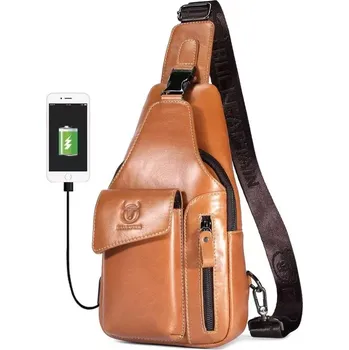 Bullcaptain kožená taška přes rameno s USB Maksim Camel 5L