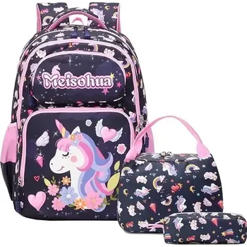 Školní batoh Meiso Dívčí školní batoh set 3v1 Jednorožec s kytky 18L
