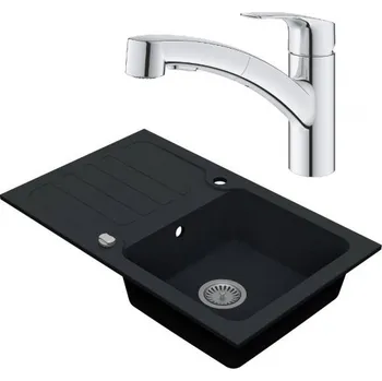 Granitový dřez VIMA Dřezový set Grohe 5/O - Granitový dřez s odkapávací plochou 780x480 mm, tmavý grafit matný + Dřezová baterie Grohe Eurosmart