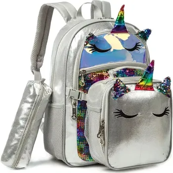 Školní batoh Jasmine Dívčí školní batoh set 3v1 Holografický jednorožec 25L