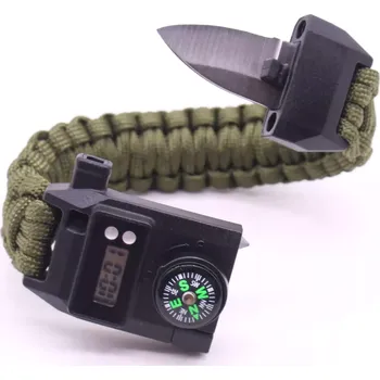 Vybavení pro přežití SURVIVAL náramek s kompasem, nůž a hodinky Zelený