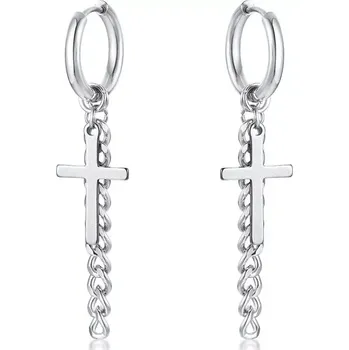 Náušnice Ocelové Náušnice kruh s křížem a řetízkem 17mm Stříbrné