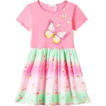Dívčí šaty BAVLNĚNÉ DÍVČÍ LETNÍ ŠATY S MOTÝLKY Barva: Světle růžová, Velikost: 146