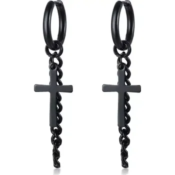 Náušnice Ocelové Náušnice kruh s křížem a řetízkem 17mm Černá