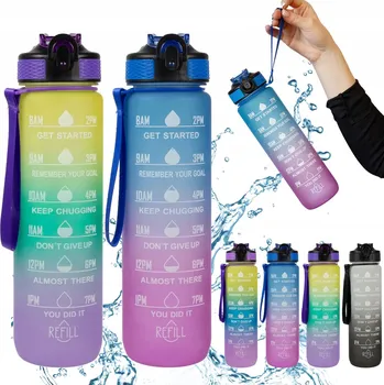 Láhev 2x LÁHEV NA VODU 1L Motivační Sportovní s Brčkem LAHEV NA PITÍ S ODMĚRKOU