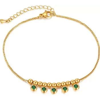 Náramek Řetízek na nohu z chirurgické oceli se zelenými kameny Zlatý